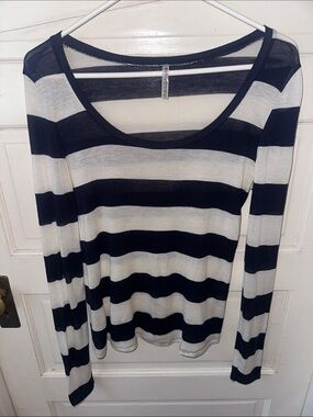 Striped Semi Sheer Navy Cream Long Sleeve Tee Horizontal Stripes Soft Wide Neck